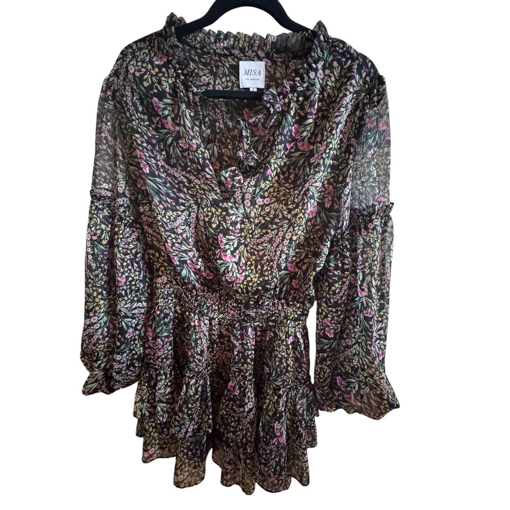 Misa Los Angeles Taya Black Mini Dress Size Small Spring Bouquet Floral Chiffon